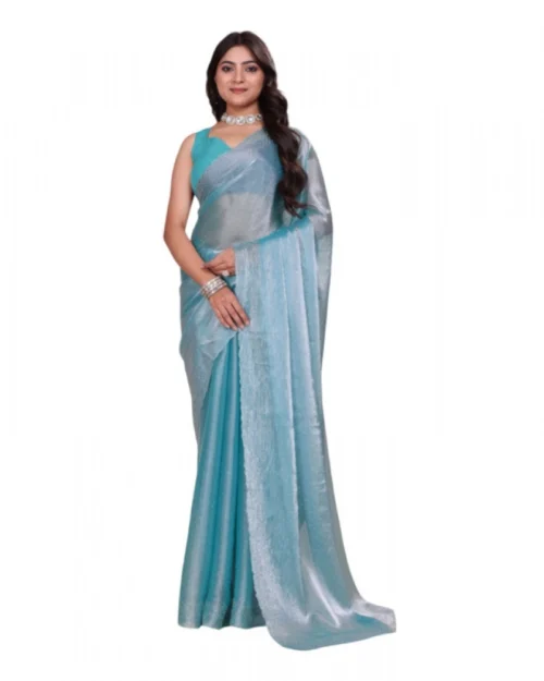 Generic Women's Jimmy choo Embellished Bollywood Saree With Unstitched Blouse 5.5Mtr (Light Blue)