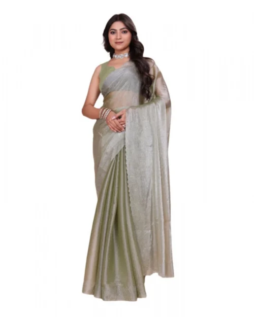 Generic Women's Jimmy choo Embellished Bollywood Saree With Unstitched Blouse 5.5Mtr (Light Green)