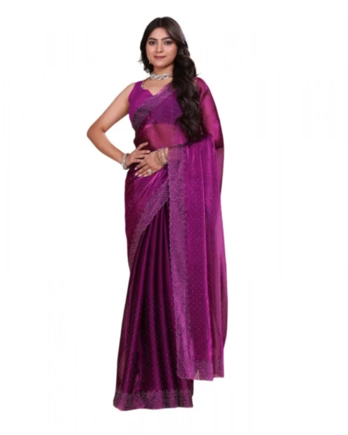 Generic Women's Jimmy choo Embellished Bollywood Saree With Unstitched Blouse 5.5Mtr (Purple)