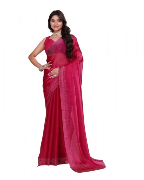 Generic Women's Jimmy choo Embellished Bollywood Saree With Unstitched Blouse 5.5Mtr (Red)