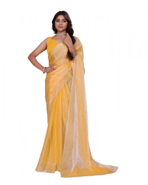 Generic Women's Jimmy choo Embellished Bollywood Saree With Unstitched Blouse 5.5Mtr (Yellow)