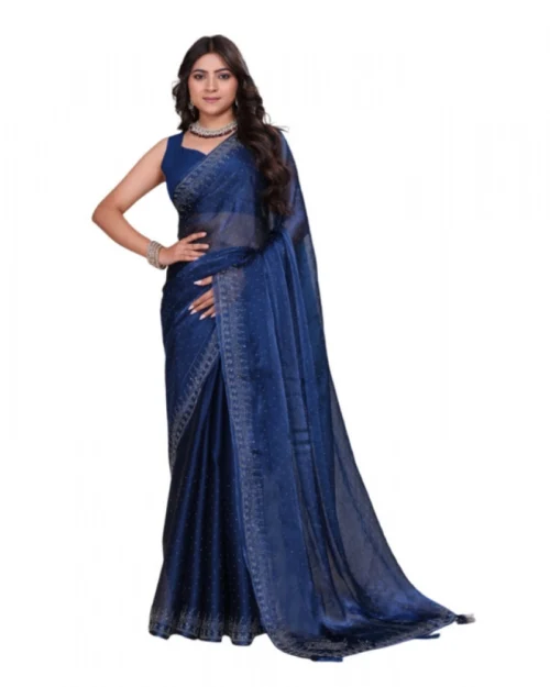Generic Women's Jimmy choo Embellished Bollywood Saree With Unstitched Blouse 5.5Mtr (Blue)