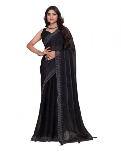 Generic Women's Jimmy choo Embellished Bollywood Saree With Unstitched Blouse 5.5Mtr (Black)