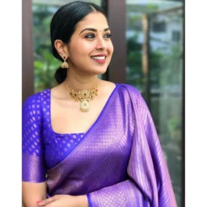 Generic Women's Litchi silk Printed Saree With Unstitched Blouse (Purple)