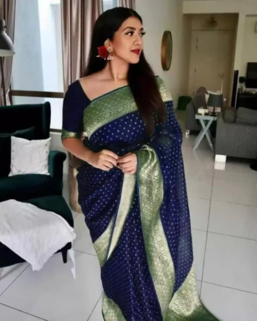 Generic Women's Litchi silk Printed Saree With Unstitched Blouse (Blue)