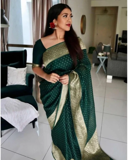 Generic Women's Litchi silk Printed Saree With Unstitched Blouse (Green)