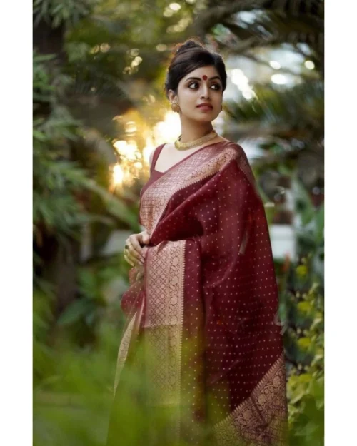 Generic Women's Litchi silk Printed Saree With Unstitched Blouse (Maroon)