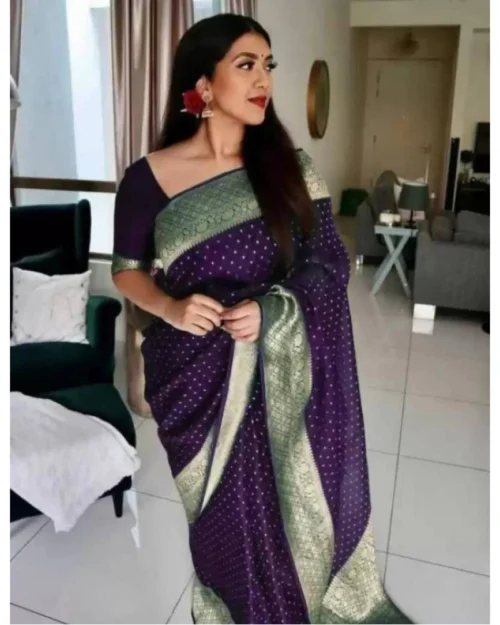 Generic Women's Litchi silk Printed Saree With Unstitched Blouse (Purple)