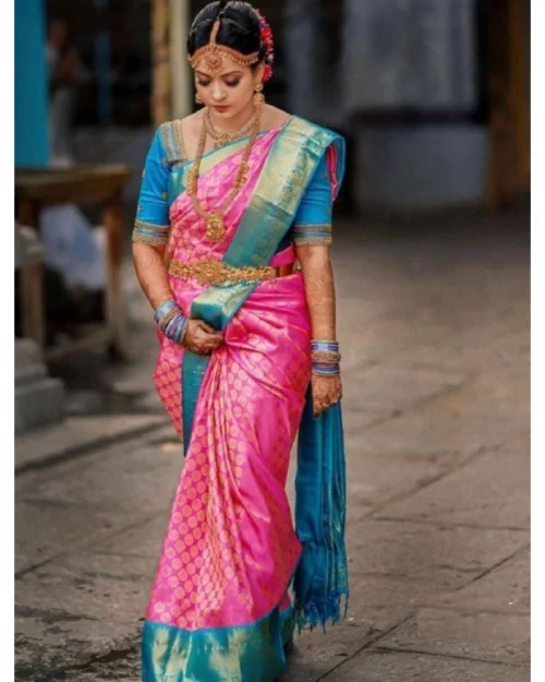 Generic Women's Litchi silk Printed Saree With Unstitched Blouse (Pink)