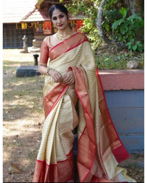 Generic Women's Litchi silk Printed Saree With Unstitched Blouse (Beige)