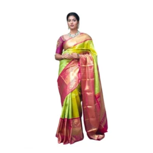 BSB233-SASYYYH-4018-GREEN-Main-1000x1000-1.webp Generic Women's Litchi silk Printed Saree With Unstitched Blouse (Green)