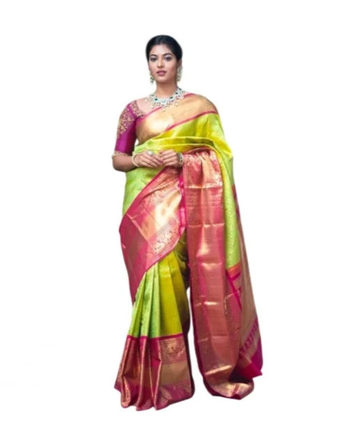 Generic Women's Litchi silk Printed Saree With Unstitched Blouse (Green)