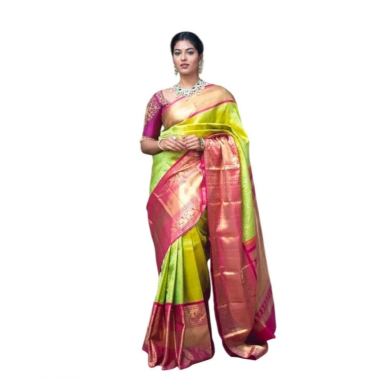 BSB233-SASYYYH-4018-GREEN-Main-1000x1000-1.webp Generic Women's Litchi silk Printed Saree With Unstitched Blouse (Green)