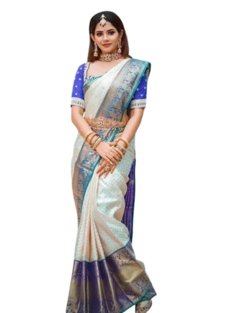 Generic Women's Litchi silk Printed Saree With Unstitched Blouse (Off White)