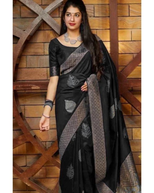 Generic Women's Litchi silk Printed Saree With Unstitched Blouse (Black)