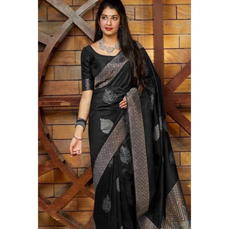 BSB233-SASYYYH-4027-BLACK-Main-1000x1000-1.webp Generic Women's Litchi silk Printed Saree With Unstitched Blouse (Black)