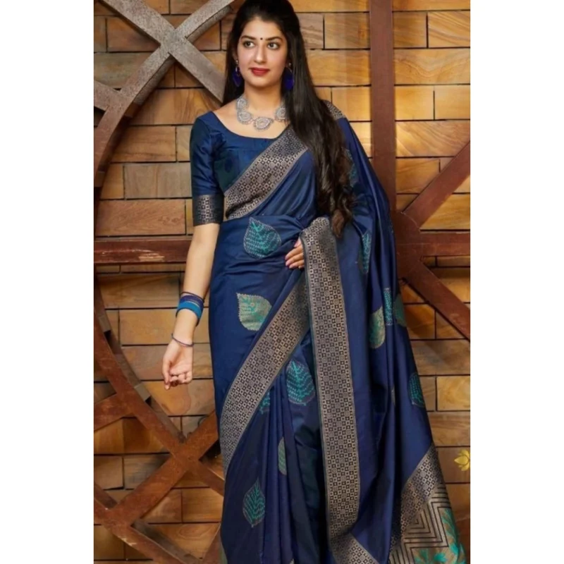 BSB233-SASYYYH-4027-BLUE-Main-1000x1000-1.webp Generic Women's Litchi silk Printed Saree With Unstitched Blouse (Blue)