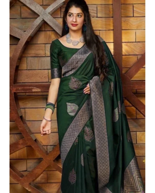 Generic Women's Litchi silk Printed Saree With Unstitched Blouse (Green)