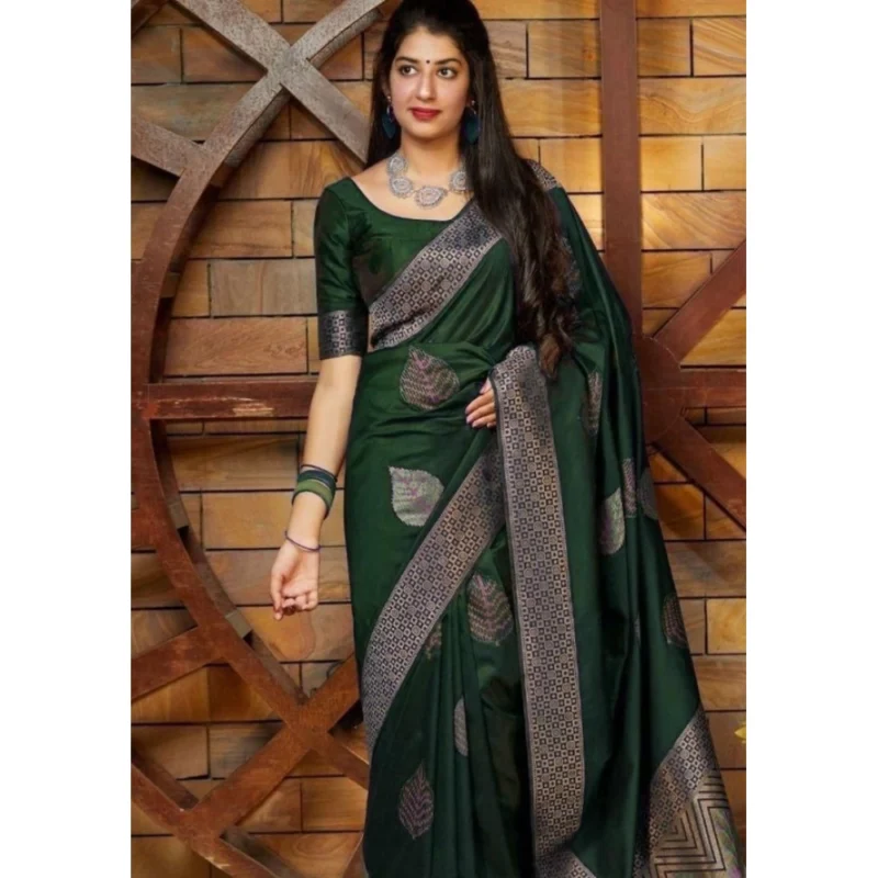 BSB233-SASYYYH-4027-GREEN-Main-1000x1000-1.webp Generic Women's Litchi silk Printed Saree With Unstitched Blouse (Green)