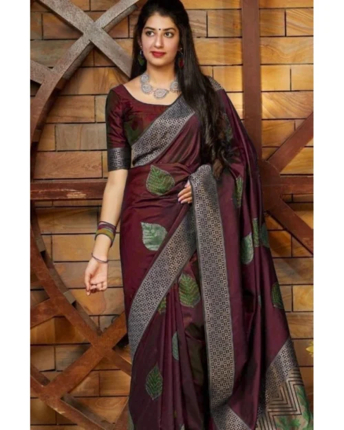 Generic Women's Litchi silk Printed Saree With Unstitched Blouse (Maroon)