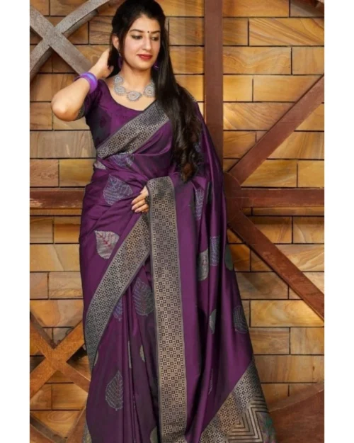 Generic Women's Litchi silk Printed Saree With Unstitched Blouse (Purple)