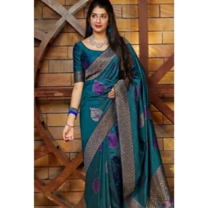 BSB233-SASYYYH-4027-RAMA-Main-1000x1000-1.webp Generic Women's Litchi silk Printed Saree With Unstitched Blouse (Rama Blue)