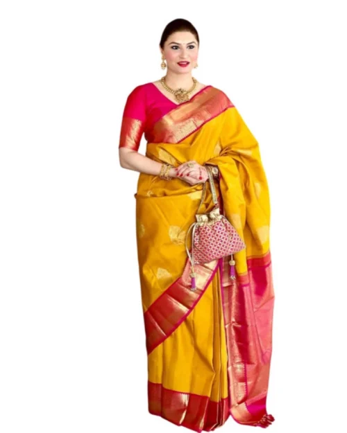 Generic Women's Litchi silk Printed Saree With Unstitched Blouse (Yellow)