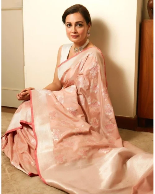 Generic Women's Litchi silk Printed Saree With Unstitched Blouse (Peach)