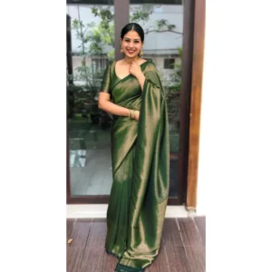 BSB233-SASYYYH-4043-GREEN-Main-1000x1000-1.webp Generic Women's Litchi silk Printed Saree With Unstitched Blouse (Green)