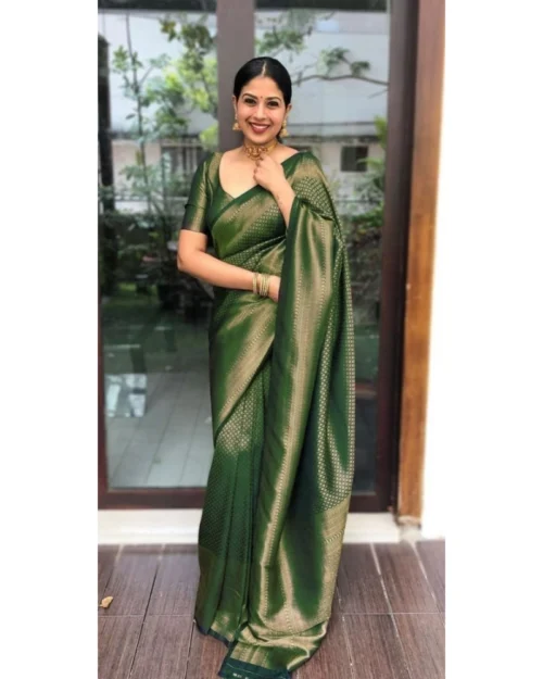 Generic Women's Litchi silk Printed Saree With Unstitched Blouse (Green)