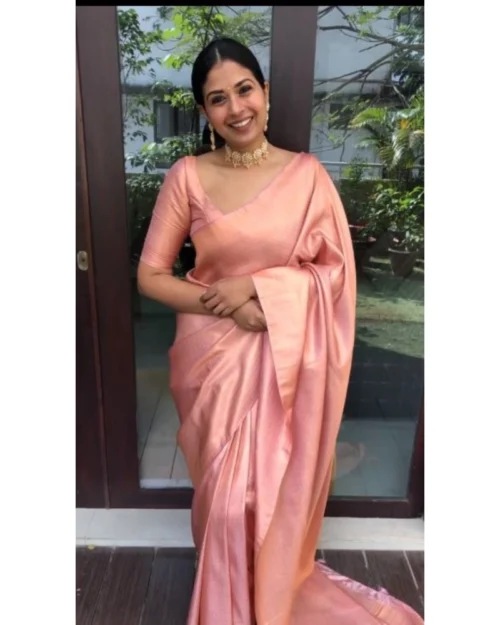Generic Women's Litchi silk Printed Saree With Unstitched Blouse (Peach)