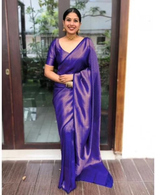 Generic Women's Litchi silk Printed Saree With Unstitched Blouse (Purple)