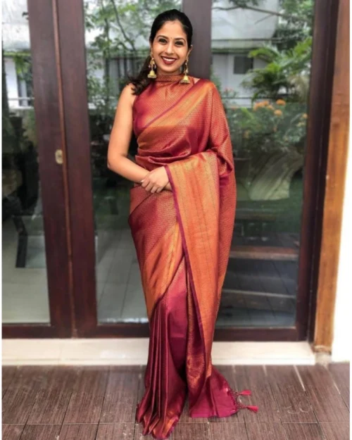 Generic Women's Litchi silk Printed Saree With Unstitched Blouse (Red)