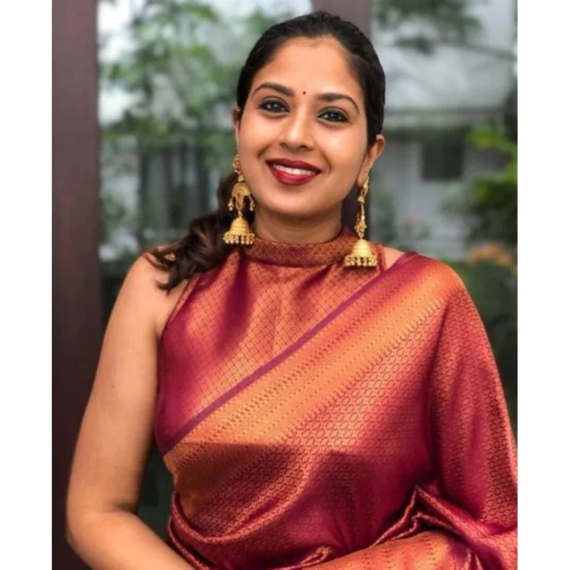 Generic Women's Litchi silk Printed Saree With Unstitched Blouse (Red)