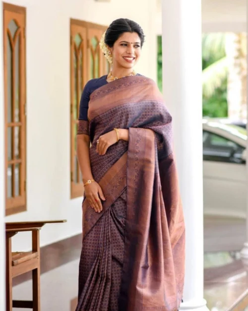 Generic Women's Litchi silk Printed Saree With Unstitched Blouse (Navy Blue)