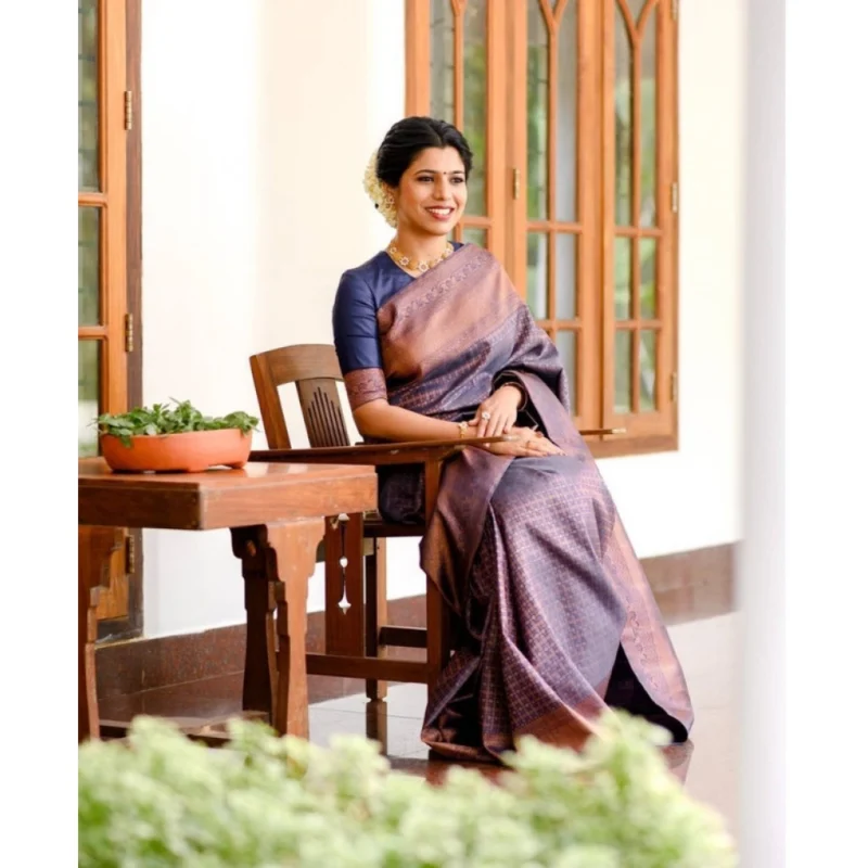 BSB233-SASYYYH-4045-NAVYBLUE-Other1-1000x1000-1.webp Generic Women's Litchi silk Printed Saree With Unstitched Blouse (Navy Blue)