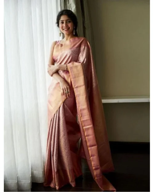 Generic Women's Litchi silk Printed Saree With Unstitched Blouse (Light Pink)