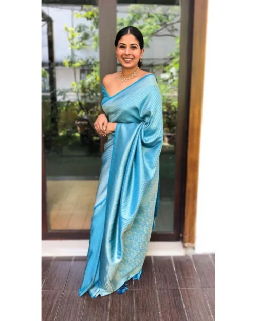 Generic Women's Litchi silk Printed Saree With Unstitched Blouse (Sky Blue)