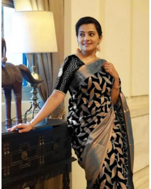 Generic Women's Litchi silk Printed Saree With Unstitched Blouse (Black)