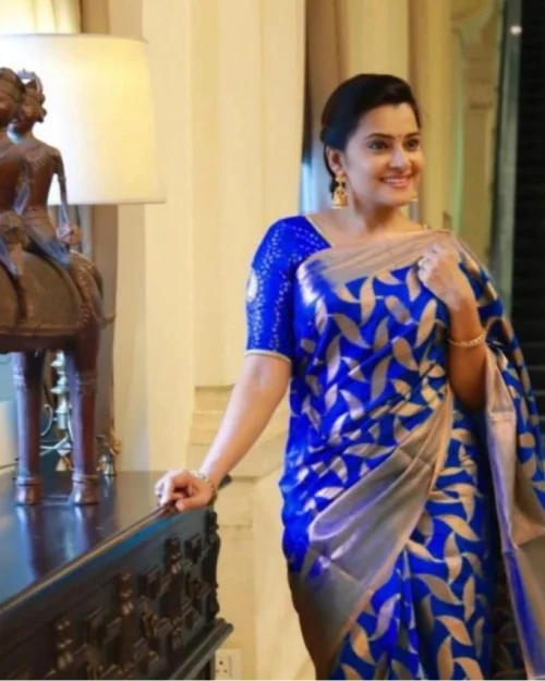 Generic Women's Litchi silk Printed Saree With Unstitched Blouse (Blue)
