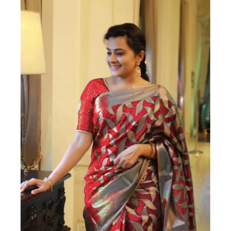 Generic Women's Litchi silk Printed Saree With Unstitched Blouse (Red)