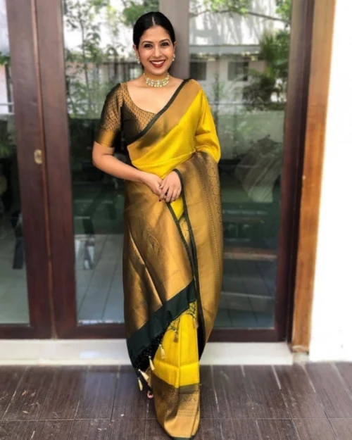 Generic Women's Litchi silk Printed Saree With Unstitched Blouse (Yellow)