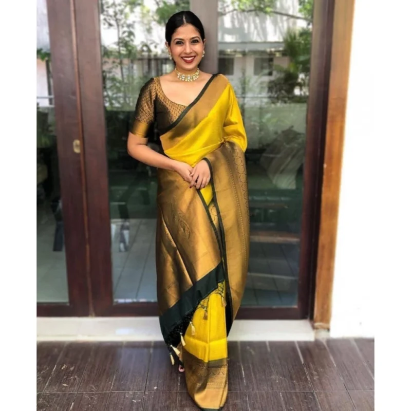 BSB233-SASYYYH-4060-YELLOW-Main-1000x1000-1.webp Generic Women's Litchi silk Printed Saree With Unstitched Blouse (Yellow)