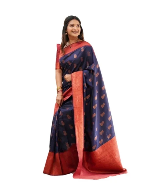 Generic Women's Litchi silk Printed Saree With Unstitched Blouse (Blue)