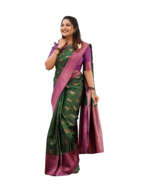 Generic Women's Litchi silk Printed Saree With Unstitched Blouse (Green)