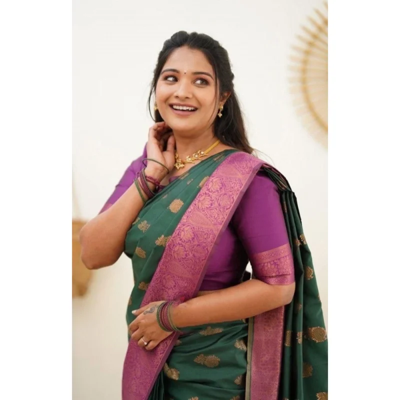 Generic Women's Litchi silk Printed Saree With Unstitched Blouse (Green)