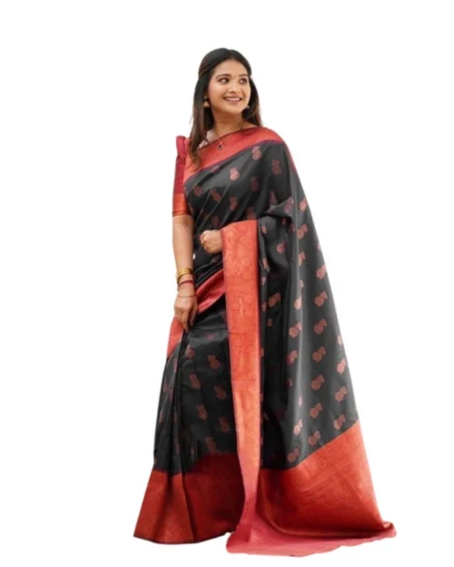 Generic Women's Litchi silk Printed Saree With Unstitched Blouse (Grey)