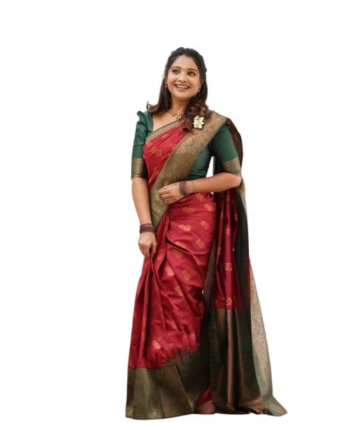 Generic Women's Litchi silk Printed Saree With Unstitched Blouse (Red)