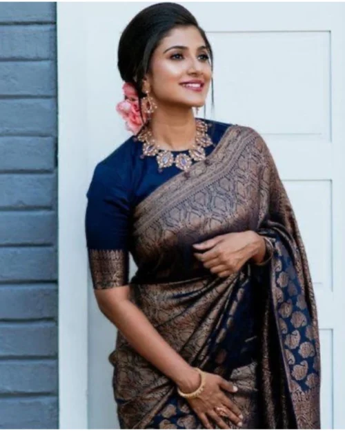 Generic Women's Litchi silk Printed Saree With Unstitched Blouse (Blue)