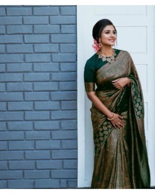 Generic Women's Litchi silk Printed Saree With Unstitched Blouse (Green)